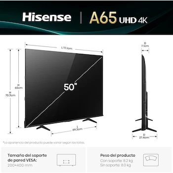 Imagen 2 de Hisense 50A65N Serie A65N Televisión Smart UHD 4K de 50 Pulgadas Modelo 2025 Color Negro