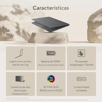 Imagen 5 de ASUS Zenbook A14 14" OLED Laptop Snapdragon X Elite X1E-78-100 16GB RAM 512GB SSD FHD IR Camera Backlit Spanish Keyboard with Sleeve
