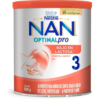 Imagen de referencia para Fórmula Infantil NAN 3 Optimal Pro Baja en Lactosa para Niños de 1 a 3 Años Lata 800g