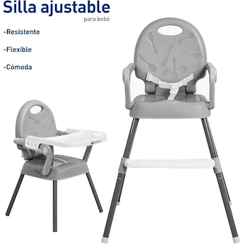 Imagen 4 de Bluelander Silla Alta Periquera para Bebé Gris con Charola Desmontable, Patas Ajustables en Altura y Cinturón de Seguridad