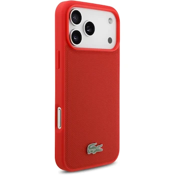 Imagen 3 de CG MOBILE Funda Lacoste Iconic Petit Piqué Policarbonato Duro Logo Metal para iPhone 17 Pro - Rojo