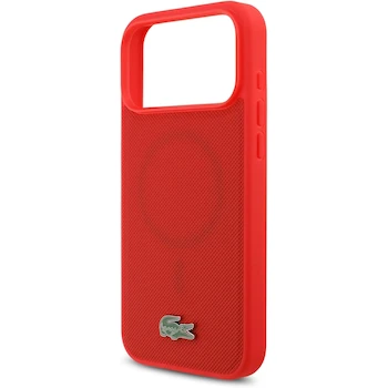 Imagen 5 de CG MOBILE Funda Lacoste Iconic Petit Piqué Policarbonato Duro Logo Metal para iPhone 17 Pro - Rojo
