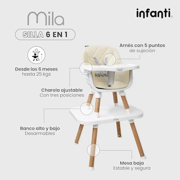 Imagen 3 de INFANTI Silla Alta para Bebé 3 en 1 Mila Beige Convertible de 6 Meses a 25 kg