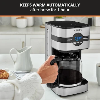Imagen 5 de KRUPS Simply Brew KM205D50 Cafetera de Goteo 10 Tazas Acero Inoxidable con Jarra de Vidrio, Filtro Permanente Lavable, Sistema Antigoteo, Función Mantener Caliente e Incluye Cuchara Dosificadora