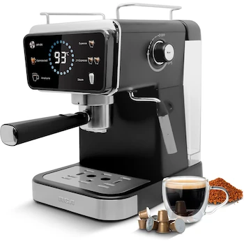 Imagen alusiva al producto RCA Cafetera Profesional RC-CAF5 2 en 1 para Café Molido y Cápsulas con Espumador de Leche, Tanque 1.5L, Acero Inoxidable