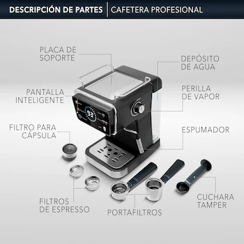 Imagen 5 de RCA Cafetera Profesional RC-CAF5 2 en 1 para Café Molido y Cápsulas con Espumador de Leche, Tanque 1.5L, Acero Inoxidable