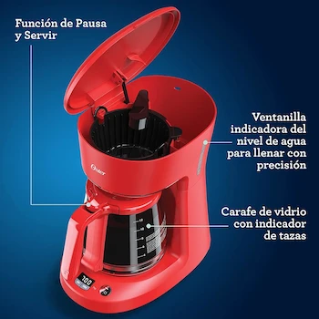 Imagen 2 de Oster Cafetera Programable de 12 Tazas Roja con Reloj Digital y Sistema Antigotero BVSTDCP12R-013