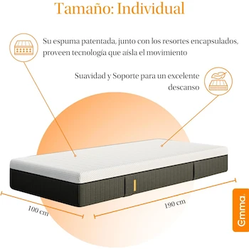 Imagen 4 de Emma Colchón Hybrid Lite Individual 100x190 cm – Memory Foam y Resortes Pocket en Caja