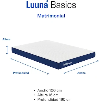 Imagen 2 de Luuna Basic 1 Colchón Matrimonial 135x190 cm Espuma Alta Densidad 16 cm Firmeza Media Blanco