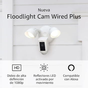 Imagen alusiva al producto Ring Floodlight Cam Wired Plus Cámara con Reflectores Cableada Video 1080p HD Blanco