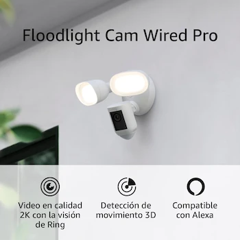Imagen alusiva al producto Ring Floodlight Cam Wired Pro - Cámara de Seguridad Exterior Cableada con Reflectores, Audio Bidireccional, Vista Aérea Bird’s Eye View, Radar 3D Motion Detection, HDR 1080p, Color Blanca