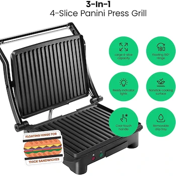 Imagen 4 de Chefman Parrilla Panini Prensa Gourmet y Sandwichera de 4 Rebanadas Modelo RJ02-180-4