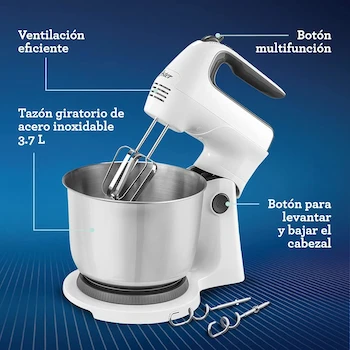 Imagen 3 de Oster FPSTHS3612 Batidora de Mano y Pedestal Versátil Blanca con Tazón de Acero Inoxidable de 1.5 Litros Serie Heritage