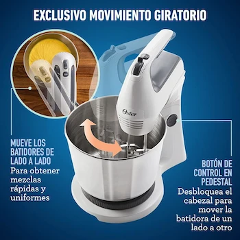 Imagen 4 de Oster FPSTHS3612 Batidora de Mano y Pedestal Versátil Blanca con Tazón de Acero Inoxidable de 1.5 Litros Serie Heritage