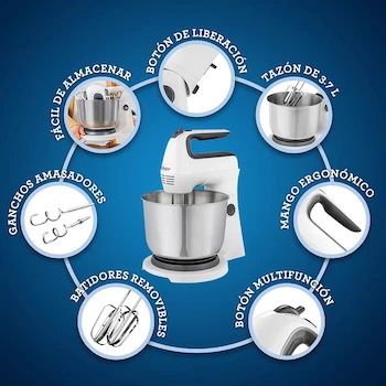 Imagen 5 de Oster FPSTHS3612 Batidora de Mano y Pedestal Versátil Blanca con Tazón de Acero Inoxidable de 1.5 Litros Serie Heritage