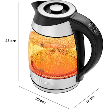 Imagen 2 de Chefman RJ11-17-CTI Hervidor Eléctrico de Acero Inoxidable y Cristal de Borosilicato Plata 1.8 Litros con Infusor de Té Extraíble Base Giratoria 360° Sin BPA