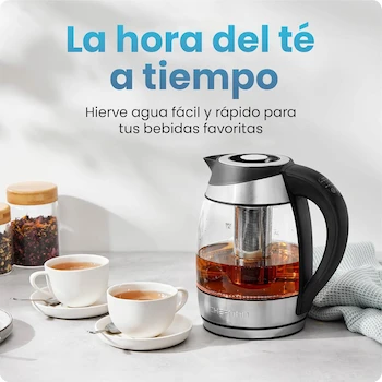 Imagen 4 de Chefman RJ11-17-CTI Hervidor Eléctrico de Acero Inoxidable y Cristal de Borosilicato Plata 1.8 Litros con Infusor de Té Extraíble Base Giratoria 360° Sin BPA