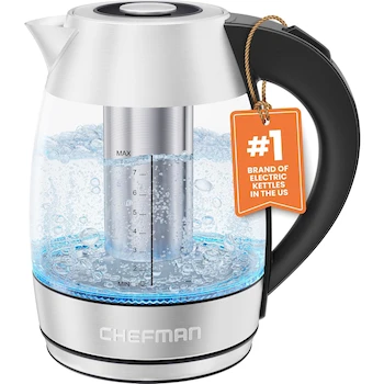 Imagen de referencia para Chefman RJ11-17-STI Electric Kettle, Glass Borosilicate Material, 1.8 Liters Capacity, 21.84 x 16 x 24.38 cm Size, Rapid Boil with Tea Infuser, Wireless, ASIN B0859MLL8F