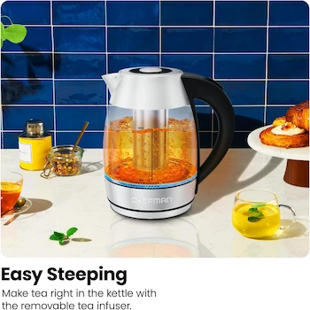 Imagen 2 de Chefman RJ11-17-STI Electric Kettle, Glass Borosilicate Material, 1.8 Liters Capacity, 21.84 x 16 x 24.38 cm Size, Rapid Boil with Tea Infuser, Wireless, ASIN B0859MLL8F
