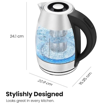 Imagen 3 de Chefman RJ11-17-STI Electric Kettle, Glass Borosilicate Material, 1.8 Liters Capacity, 21.84 x 16 x 24.38 cm Size, Rapid Boil with Tea Infuser, Wireless, ASIN B0859MLL8F