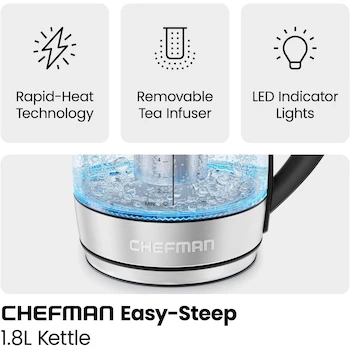 Imagen 4 de Chefman RJ11-17-STI Electric Kettle, Glass Borosilicate Material, 1.8 Liters Capacity, 21.84 x 16 x 24.38 cm Size, Rapid Boil with Tea Infuser, Wireless, ASIN B0859MLL8F