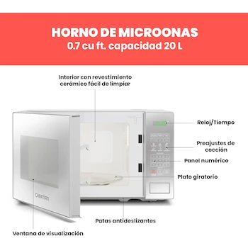 Imagen 4 de Chefman Horno de Microondas Serie RJ55-7-SMR-MX, 0.7 Pies Cúbicos, 700 Vatios, Plateado en Acero Inoxidable, Compacto de Encimera, 32.89 x 43.99 x 25.45 cm, 11.04 kg