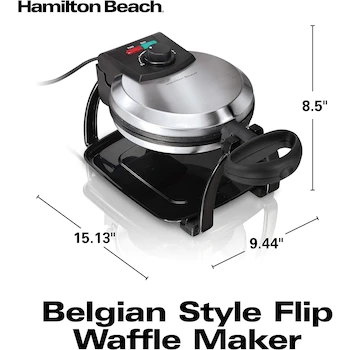 Imagen 2 de Hamilton Beach 26010R Wafflera Estilo Belga con Volteo Serie Flip, Gofrera de Acero Inoxidable Cepillado con Acabados Negros, Dimensiones 38.4 x 24 x 21.6 cm
