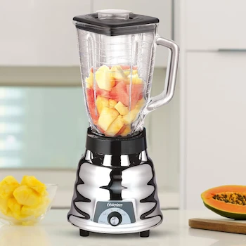 Imagen 2 de Oster M450-20 Licuadora Clásica con Vaso de Vidrio de 1.25 Litros, 2 Velocidades, 400 Watts, Color Metálico Cromado, Dimensiones 19.4 x 23.7 x 33 cm