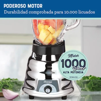 Imagen 4 de Oster M450-20 Licuadora Clásica con Vaso de Vidrio de 1.25 Litros, 2 Velocidades, 400 Watts, Color Metálico Cromado, Dimensiones 19.4 x 23.7 x 33 cm