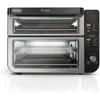 Imagen alusiva al producto Ninja DCT401 Horno Doble 12 en 1, Acero Inoxidable y Negro, Capacidad Familiar para 8 Personas (12" Pizza + 6 lbs), Dimensiones 47.2 x 41.6 x 33.7 cm, Potencia 1800 W, Serie Double Oven