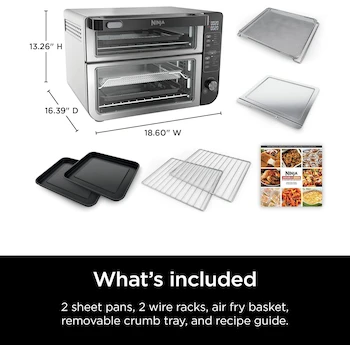 Imagen 2 de Ninja DCT401 Horno Doble 12 en 1, Acero Inoxidable y Negro, Capacidad Familiar para 8 Personas (12" Pizza + 6 lbs), Dimensiones 47.2 x 41.6 x 33.7 cm, Potencia 1800 W, Serie Double Oven