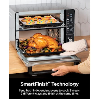 Imagen 5 de Ninja DCT401 Horno Doble 12 en 1, Acero Inoxidable y Negro, Capacidad Familiar para 8 Personas (12" Pizza + 6 lbs), Dimensiones 47.2 x 41.6 x 33.7 cm, Potencia 1800 W, Serie Double Oven
