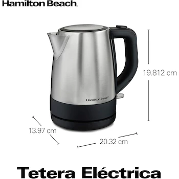 Imagen 2 de Hamilton Beach 40998 - Tetera Eléctrica / Hervidor de Agua Eléctrico de 1 Litro en Acero Inoxidable, Capacidad 1L, Altura 19.8 cm, Ancho 20.3 cm, Profundidad 14 cm, Material Acero Inoxidable, Color Plata