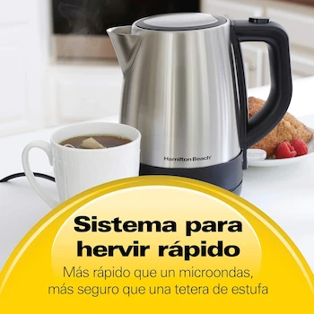 Imagen 3 de Hamilton Beach 40998 - Tetera Eléctrica / Hervidor de Agua Eléctrico de 1 Litro en Acero Inoxidable, Capacidad 1L, Altura 19.8 cm, Ancho 20.3 cm, Profundidad 14 cm, Material Acero Inoxidable, Color Plata