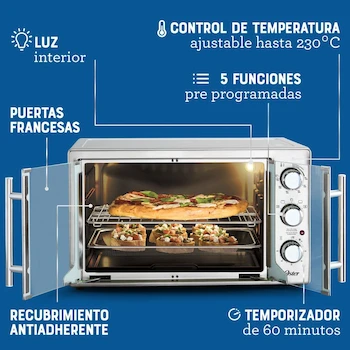 Imagen 3 de Oster TSSTTVFDMAF Horno con Freidora de Aire, Serie French Door, Puertas Estilo Francés, Extra Grande, Capacidad 42 Litros, Color Plateado, Dimensiones 60.7 x 51.6 x 38.4 cm