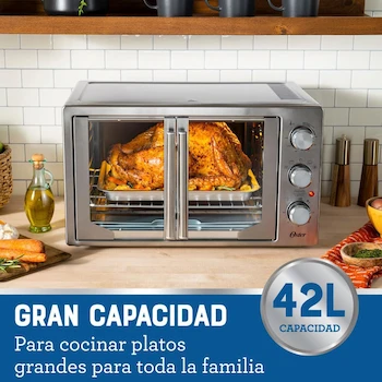 Imagen 5 de Oster TSSTTVFDMAF Horno con Freidora de Aire, Serie French Door, Puertas Estilo Francés, Extra Grande, Capacidad 42 Litros, Color Plateado, Dimensiones 60.7 x 51.6 x 38.4 cm