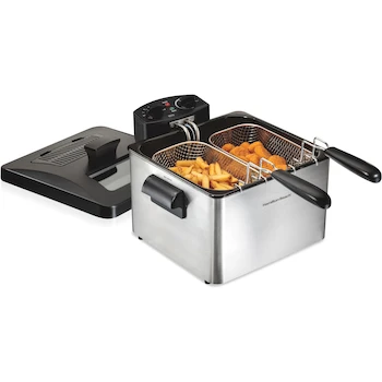 Imagen de referencia para Hamilton Beach Freidora Eléctrica Estilo Profesional, Modelo 35036, Acero Inoxidable Plata, Capacidad 4.5 Litros Aceite (19 Tazas), 12 Tazas Alimentos, con 2 Cestas, Dimensiones 27.7 x 37.4 x 40.1 cm
