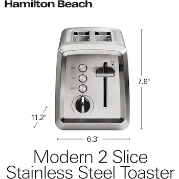 Imagen 2 de Hamilton Beach Tostador de 2 Rebanadas en Acero Inoxidable con Ranuras Extra Anchas, Modelo 22794, Capacidad para 2 Rebanadas, Diseño Moderno, Dimensiones 30.5 cm Prof x 17.8 cm An x 20.3 cm Alt