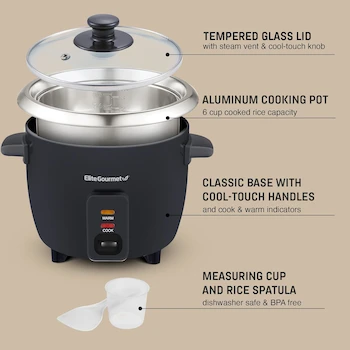 Imagen 5 de Elite Gourmet ERC003B Arrocera Eléctrica, Capacidad 6 Tazas Cocidas (3 Tazas Sin Cocinar), Color Negro