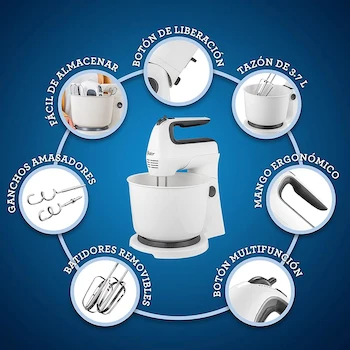 Imagen 5 de Oster® Batidora Mano/Pedestal Blanca con Tazón de Plástico de 3.7 Litros, Modelo FPSTHS3610