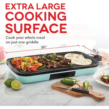 Imagen 2 de DASH DEG200GBAQ01 Everyday Series Electric Griddle, 19.75” x 9.5” Cooking Surface, Overall 20” x 10.5” x 2.9”, 1500 Watts, Stainless Steel/Plastic, Aqua
