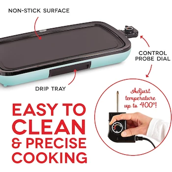 Imagen 3 de DASH DEG200GBAQ01 Everyday Series Electric Griddle, 19.75” x 9.5” Cooking Surface, Overall 20” x 10.5” x 2.9”, 1500 Watts, Stainless Steel/Plastic, Aqua