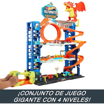 Imagen 5 de Hot Wheels Pista City Ultimate Garage Modelo HKX48 Multicolor con 4 Niveles, Dragón Devorador de Autos, Capacidad para +50 Vehículos Escala 1:64, Incluye 2 Coches Die-Cast, para Niños de 4 Años en Adelante, Altura 105 cm
