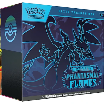 Imagen de referencia para Pokémon TCG Mega Evolutions 2: Phantasmal Flames Elite Trainer Box (ETB), English Edition, Multi-Color with Blue Flames and Dark Battlefield Design, Model 10-10186-101, Size 7.5 x 7 Inches, Weight 1.46 Pounds, ASIN B0FPM3LQJ4