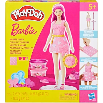 Imagen de referencia para Hasbro Play-Doh Set de Masas Moldeables Corazones y Cabello Barbie G1357, Muñeca Auténtica 12 Pulgadas con Brazos Piernas y Cabeza Móviles, 2 Latas de Plastilina 2 oz Rosa y Morado Total 4 oz, 2 Moldes de Cabello Corto y Largo, Hoja de Patrón Prefabricada