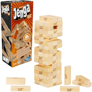 Imagen 1 de Hasbro Jenga Clásico Original: Juego de Mesa de 54 Bloques de Madera Dura Natural, Torre de 18 Niveles, para Adultos y Niños a Partir de 6 Años, 1 o Más Jugadores, Modelo A2120EU4, ASIN B00ABA0ZOA