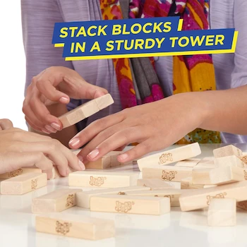 Imagen 2 de Hasbro Jenga Clásico Original: Juego de Mesa de 54 Bloques de Madera Dura Natural, Torre de 18 Niveles, para Adultos y Niños a Partir de 6 Años, 1 o Más Jugadores, Modelo A2120EU4, ASIN B00ABA0ZOA