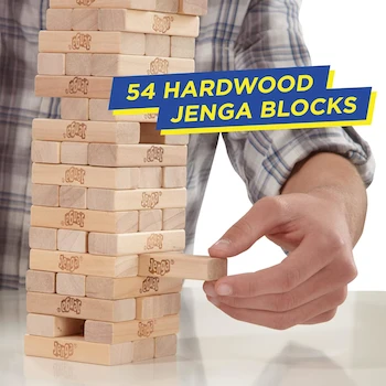 Imagen 4 de Hasbro Jenga Clásico Original: Juego de Mesa de 54 Bloques de Madera Dura Natural, Torre de 18 Niveles, para Adultos y Niños a Partir de 6 Años, 1 o Más Jugadores, Modelo A2120EU4, ASIN B00ABA0ZOA