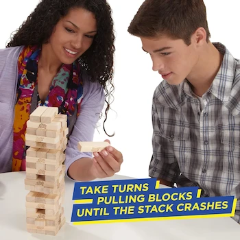 Imagen 5 de Hasbro Jenga Clásico Original: Juego de Mesa de 54 Bloques de Madera Dura Natural, Torre de 18 Niveles, para Adultos y Niños a Partir de 6 Años, 1 o Más Jugadores, Modelo A2120EU4, ASIN B00ABA0ZOA