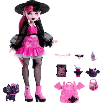 Imagen 5 de Monster High Muñeca Draculaura Nuevo Look con Accesorios y Mascota Conde Fabuloso, Serie Ghouls de Moda, Muñeca Articulada de 10.5 Pulgadas para Niñas de 4 Años en Adelante, Color Rosa y Negro, Edición Especial 2023